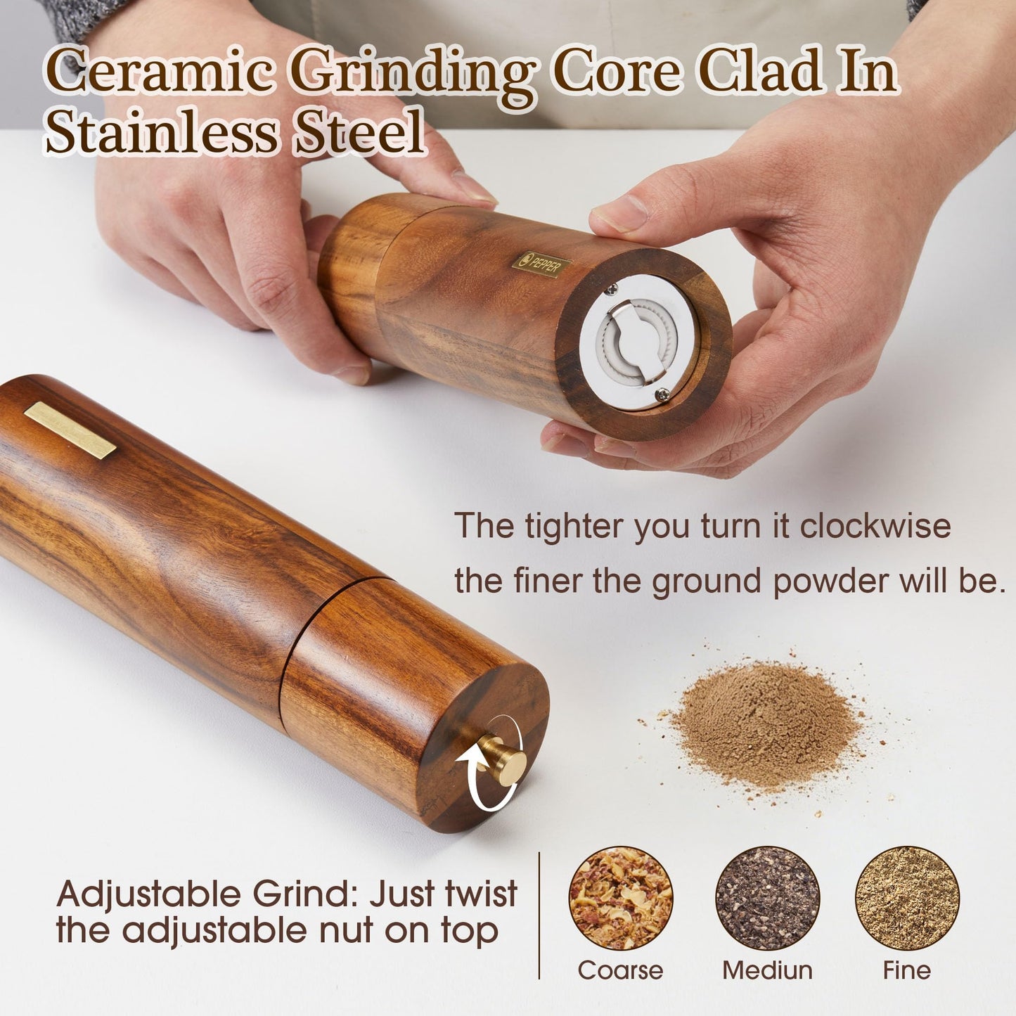 2 Pack Acacia Wooden Salt and Pepper Grinder Set with Gold Label, Premium 8 Inches salt and pepper shakers, Manual Wood Grinders with Adjustable Coarseness Ceramic Core, Ideal for Kitchen Home Gift