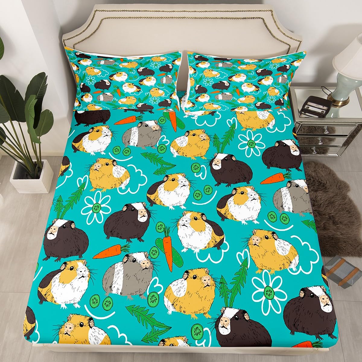 Feelyou Cartoon Hamster Bedding Set for Girls Boys Cute Guinea Pig Children Bed Sheet Set Decorative Pet Animal Theme Fitted Sheet Carrot Vegetable Bed Cover 2Pcs with 1 Pillowcase Twin Size
