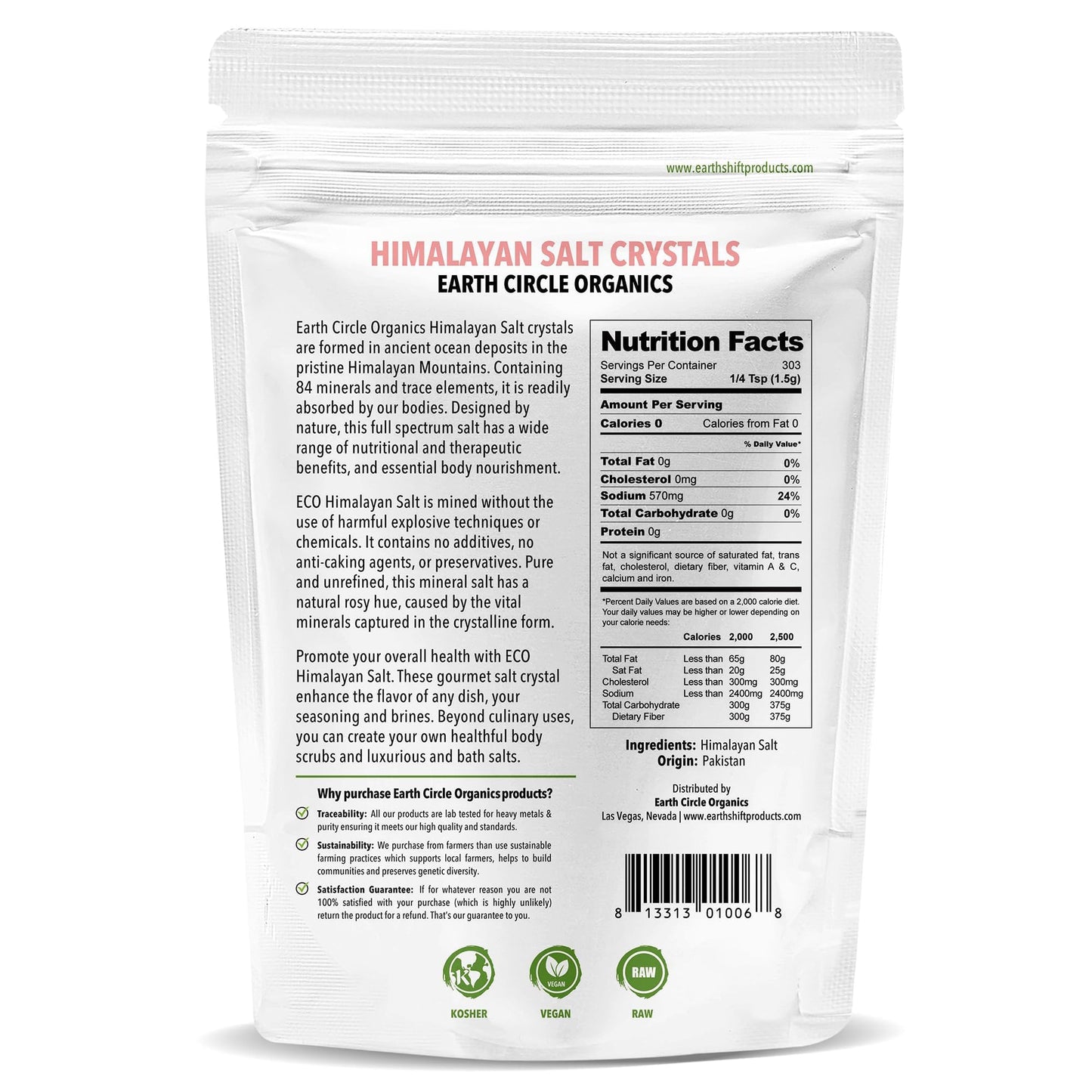 Earth Circle Organics Premium Himalayan Unrefined Pink Fine Grain Salt, No Anti-Caking Agents, Pure Culinary Grade - Kosher, Nutrient and Mineral Dense, 1 pound