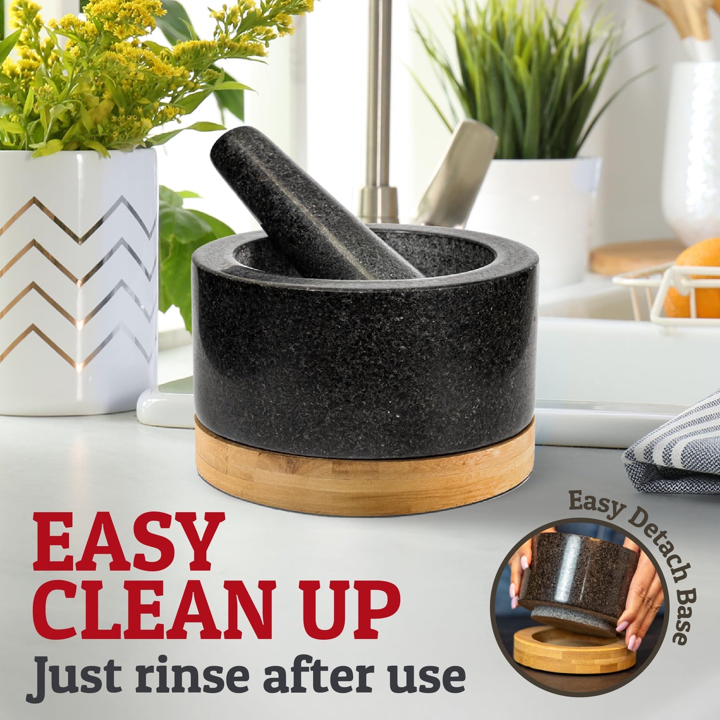 PriorityChef Heavy Duty Mortar and Pestle Set with Bamboo Base, 100% Natural Granite Stone Grinder, Guacamole Bowl and Masher, 2 Cups, Black