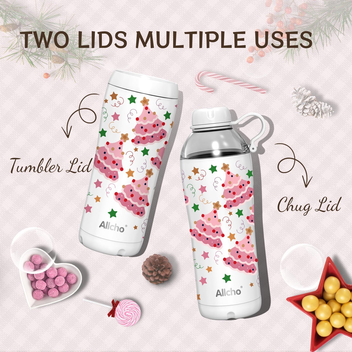 Allcho Christmas Gifts for Women Mom Daughters, Christmas Travel Coffee Tumbler for Friends Girls, Insulated Water Bottle, 18 oz Stainless Steel Water Bottles, 2 Lids, Available Gift Wrapping
