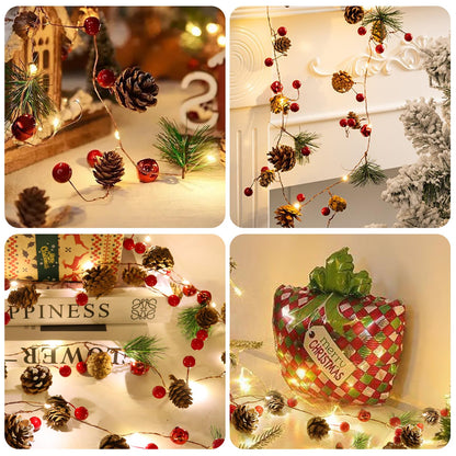 RECUTMS Christmas Garland Decoration with Lights,2PCS 7FT 20LED Pine Cone Red Berry Bell Battery Operated Christma String Light, Lighted Up Pinecone Vine Indoor Xmas Tree New Year Holiday Party Decor