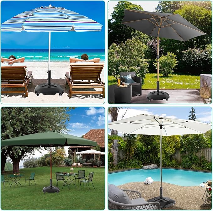 Umbrella Base with 5 Wheels, Upgraded 145lb Umbrella Stand Base, Heavy Duty & Windproof, Fillable Umbrella Base Mobile Umbrella Outdoor for Patio, Deck, Poolside, Lawn, Fits Most Sized Umbrellas