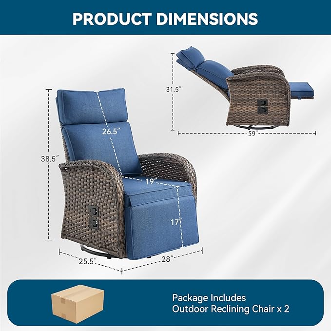 Zero Gravity Patio Swivel Rocking Recliner Chairs Set of 2 - Wicker Outdoor Lounge Chair with Adjustable Backrest & Footrest, All Weather Reclining Rocker Chairs with Thick Cushion for Pool Deck Blue