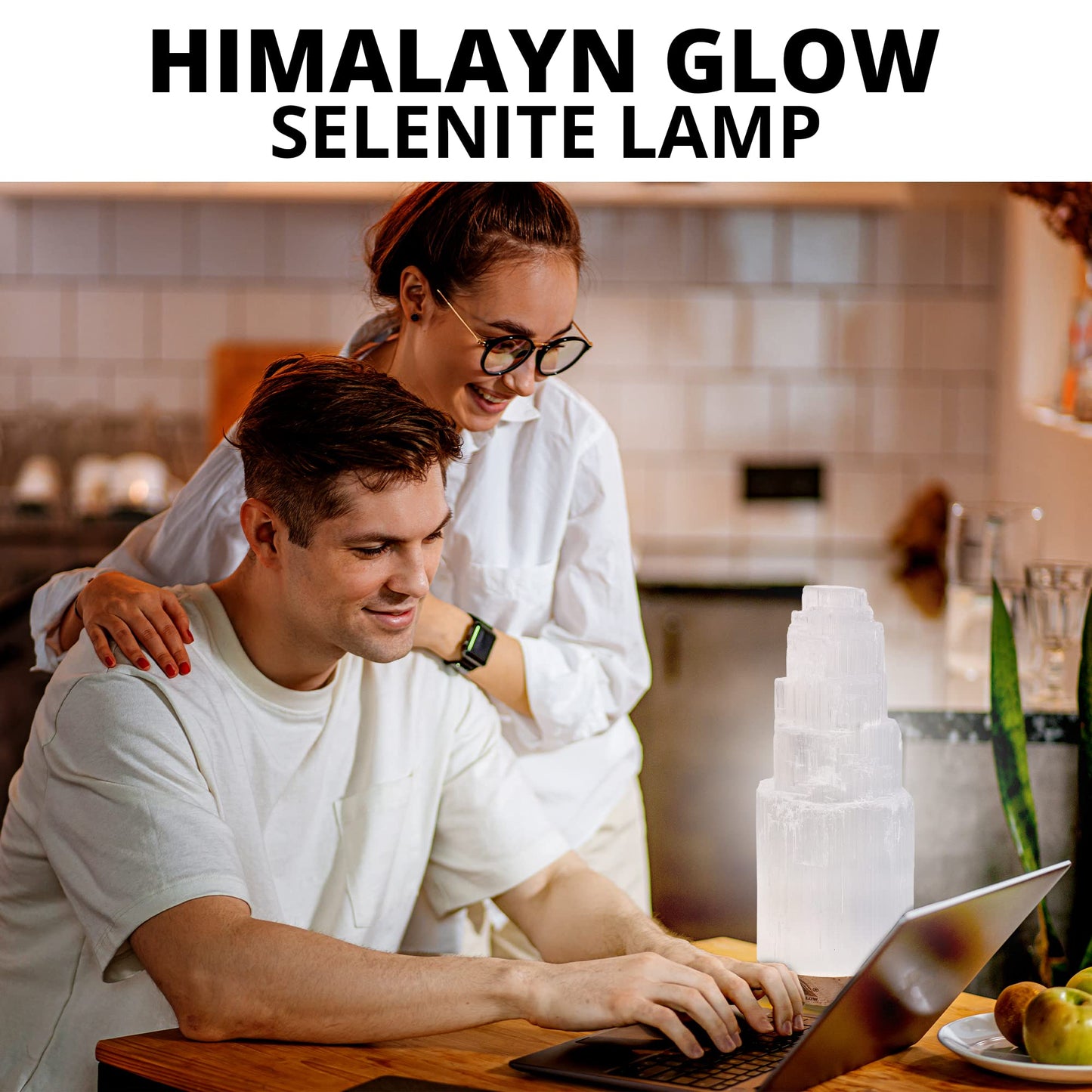Himalayan Glow Selenite Crystal Lamp 20cm Large, Hand Curved Crystal Lamp with (ETL Certified) Wooden Base & USB Charging Cable for Home Décor - White