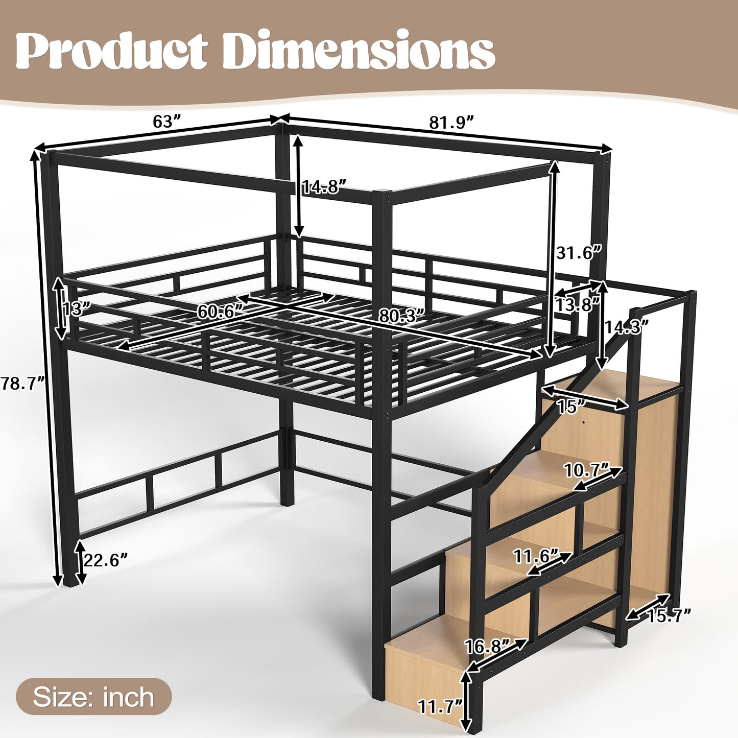 Bellemave Queen loft Bed with Storage Stairs, LED, Wardrobe, Canopy Support Pole, Metal Queen Loft Bed Frame for Adults, Kids, Teens, Canopy can be Disassembled, Black+Natural Wood