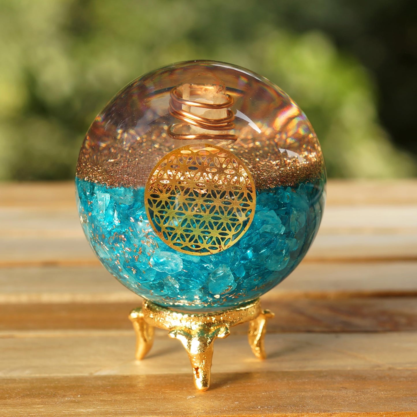 Orgonite Crystal Blue Aquamarine Crystal Ball with Stand for Positive Energy, Chakra Balancing –with Flower of Life Symbol to Promote Purpose, Serenity and Courage