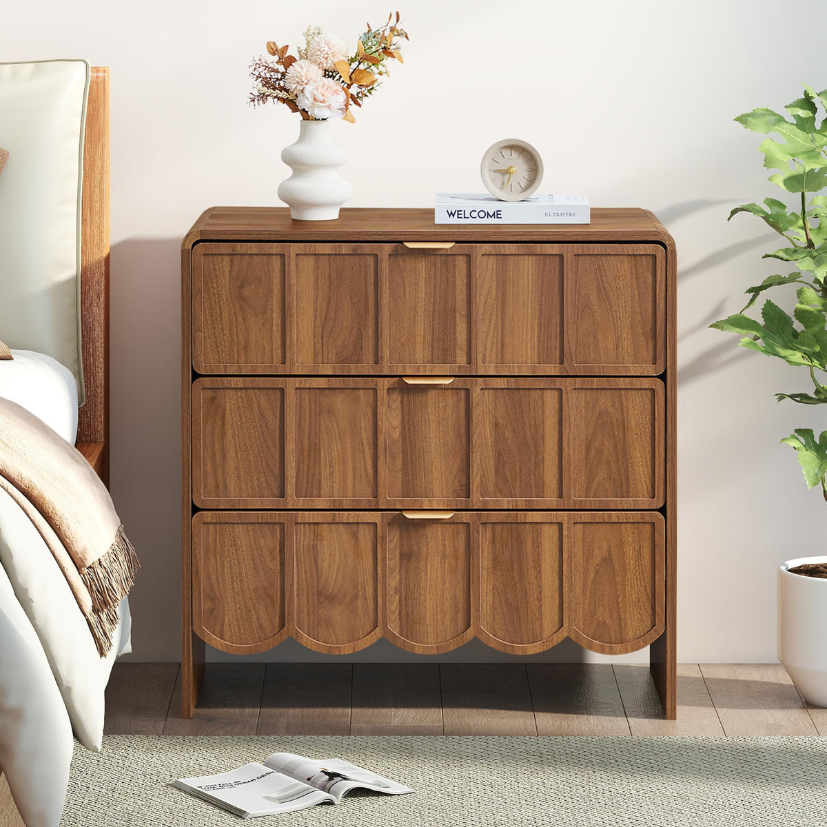 ORRD 3 Drawer Dresser for Bedroom, Modern Closet Chest of Drawers with Wave Fluted Drawer, Wood Storage Small Dresser Organizer for Nursery Bedroom Living Room Hallway Closet (Walnut)
