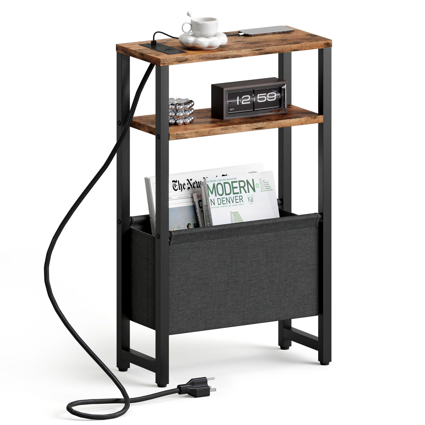 IRCPEN Narrow Side Table with Charging Station Slim End Table Sofa with Magazine Rack, Bedside Table for Small Spaces, 3 Tier Nightstand for Living Room Couch, Bedroom Rustic Brown LET503RE