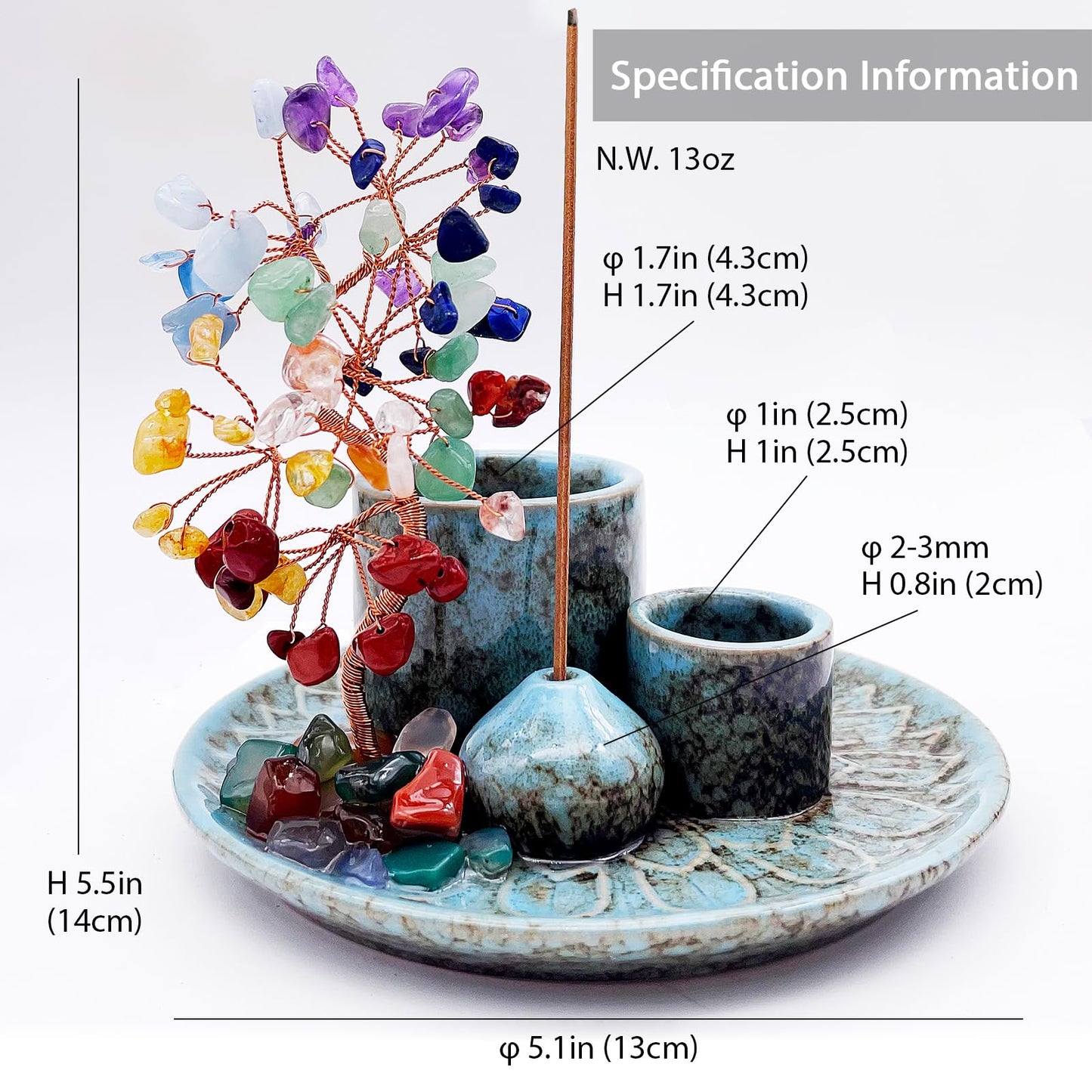 5 in 1 Incense Burner Holder with Crystal Healing Tree, Palo Santo Holder, Sage Holder, Incense Holder for Sticks/Cones/Candles, Ceramic Tray Ash Catcher for Burning Incense, Meditation Gift