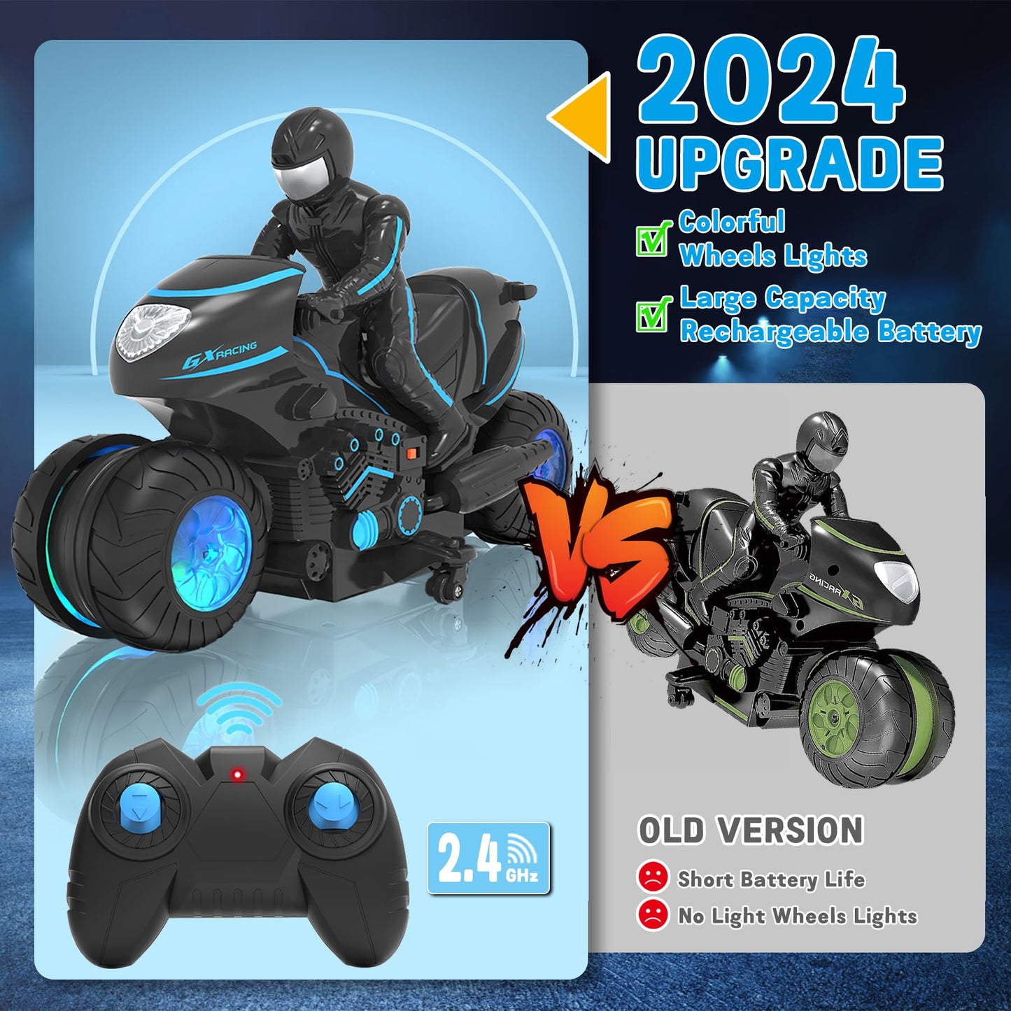 iappadore RC Motorcycle, Remote Control Motorcycle with RGB Wheels Lights - 360-degree Rotations, Drifts, High-Speed, RC Car Dirt Bike Toy for Boys 4-7 8-12 Years Kids