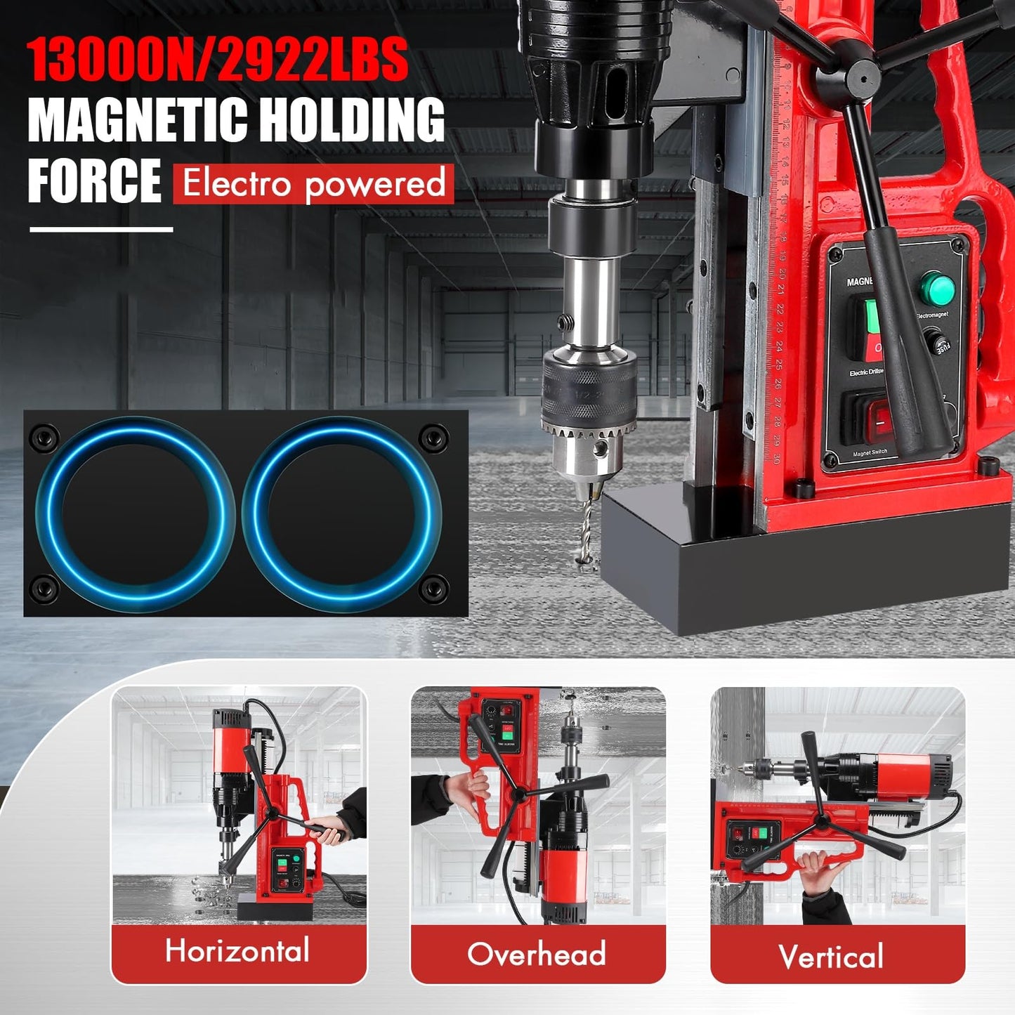 Magnetic Drill Press, 1550W 500RPM Portable Power Mag Drill Press, 10-Speed Core Drilling Machine for Metal Working,3Pcs Drill Bits