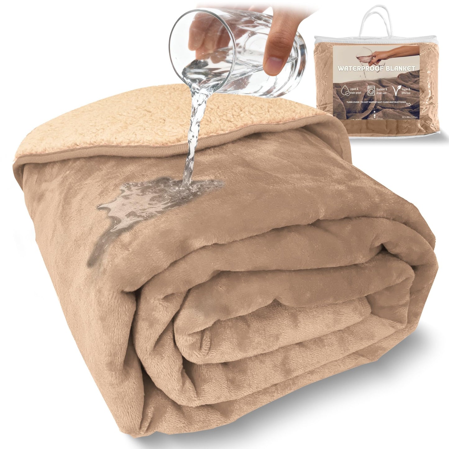 Sacred Weapon Waterproof Blanket Queen Twin Size - Soft Plush Sherpa Fleece Cozy Warm Throw Blanket for Couch Bed, Comfy Sofa Cover Gift, Water Proof Splash Stain Mattress Protector, Beige Tan 50x80