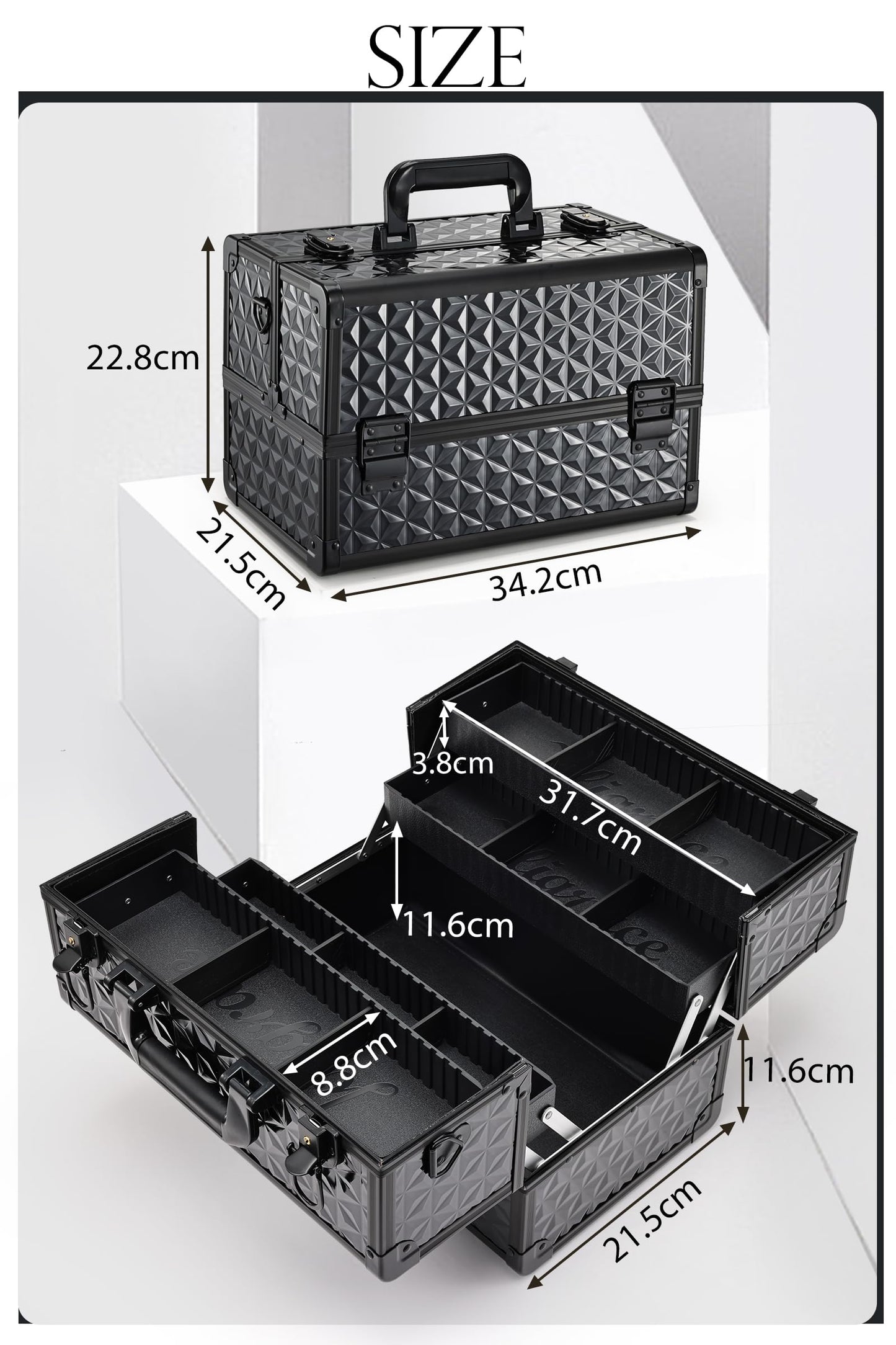 Joligrace Large Makeup Case Makeup Organiser Box Vanity Case Lockable Cosmetic Cases 4 Trays with Shoulder Strap Clasp, Black