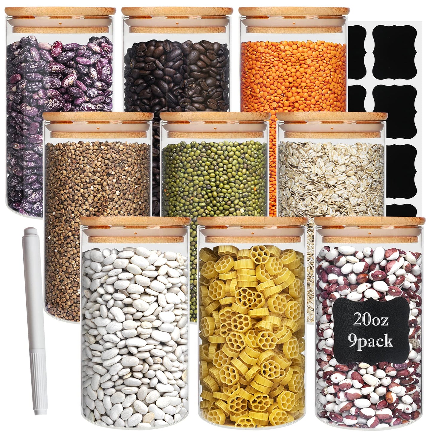 Glass Food Storage Containers Jars with Airtight Bamboo Lid 20 oz 9 pcs, 590 ml Pantry Organization Jar, Glass Terrarium with Lid, Spice, Flour and Sugar Container, Canister Set for Kitchen Counter