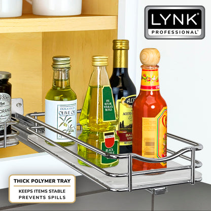 LYNK PROFESSIONAL® Pull Out Spice Rack Organizer for Inside Kitchen Cabinets - 4-1/4 inch Wide - Slide Out Drawer – Chrome Sliding Spice Cabinet Organization Shelf Racks - 2 Tier