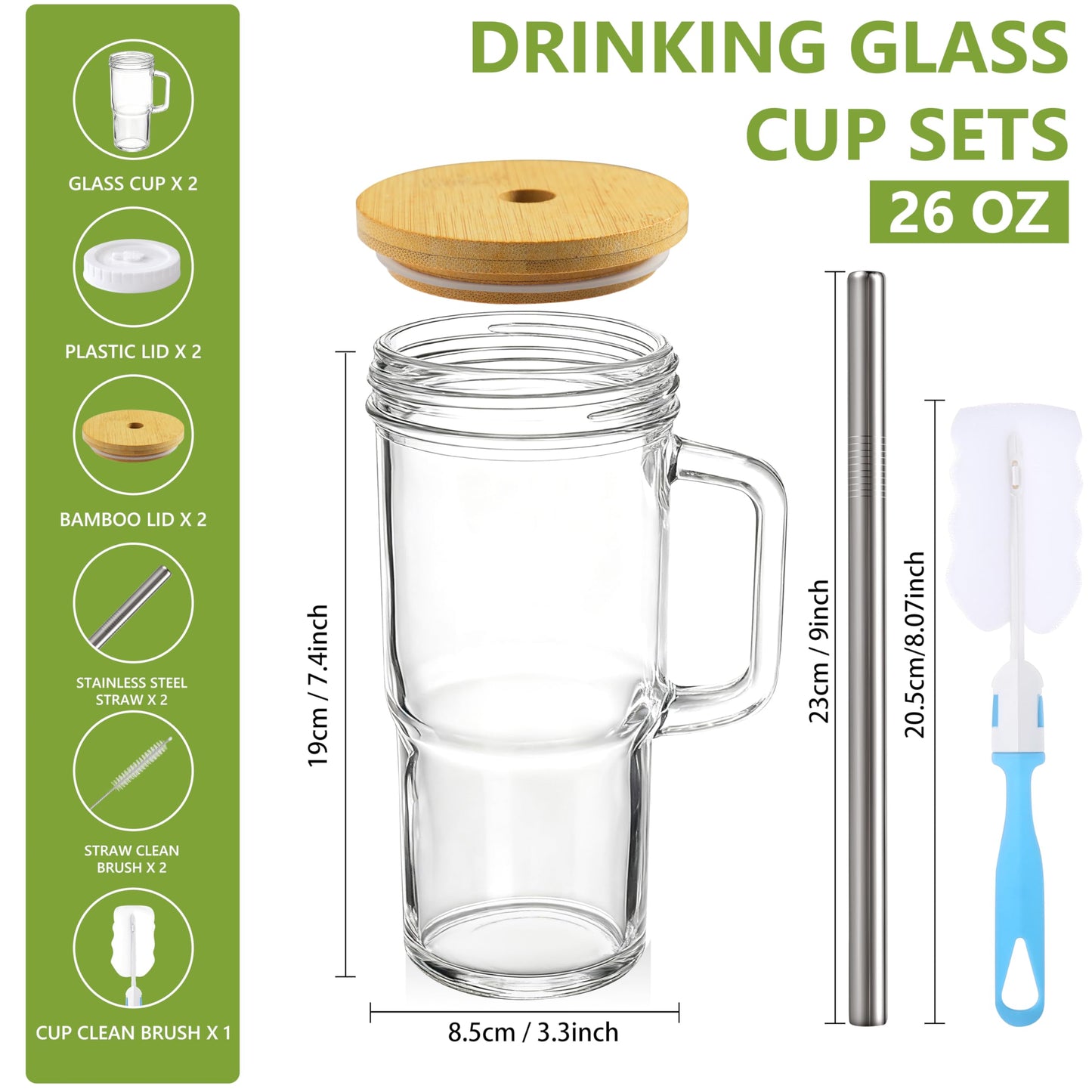 Birity 24oz Glass Cups with Lids and Straws,Glass Tumbler with Handle,2 set–Reusable Glass Ice Coffee Cups with Lid and Straw for Smoothies,Tea,Juice,Boba Cup for Cold & Hot Drinks,Travel Cup
