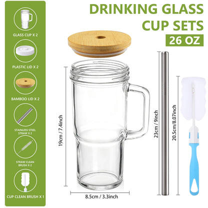Birity 24oz Glass Cups with Lids and Straws,Glass Tumbler with Handle,2 set–Reusable Glass Ice Coffee Cups with Lid and Straw for Smoothies,Tea,Juice,Boba Cup for Cold & Hot Drinks,Travel Cup