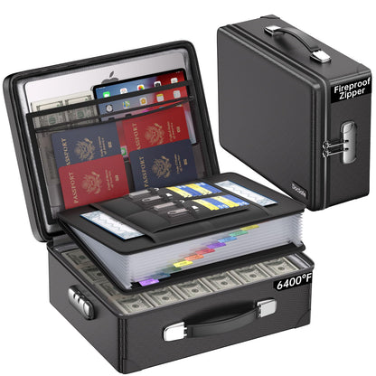 DocSafe 6400°F Fireproof Document Box with Lock,Heat Insulated Fireproof Water Resistant 10 Layers Hard Case Safe Box with Zipper＆Multi Pockets,Protects Personal Items,Documents,Laptop,Passport,Black