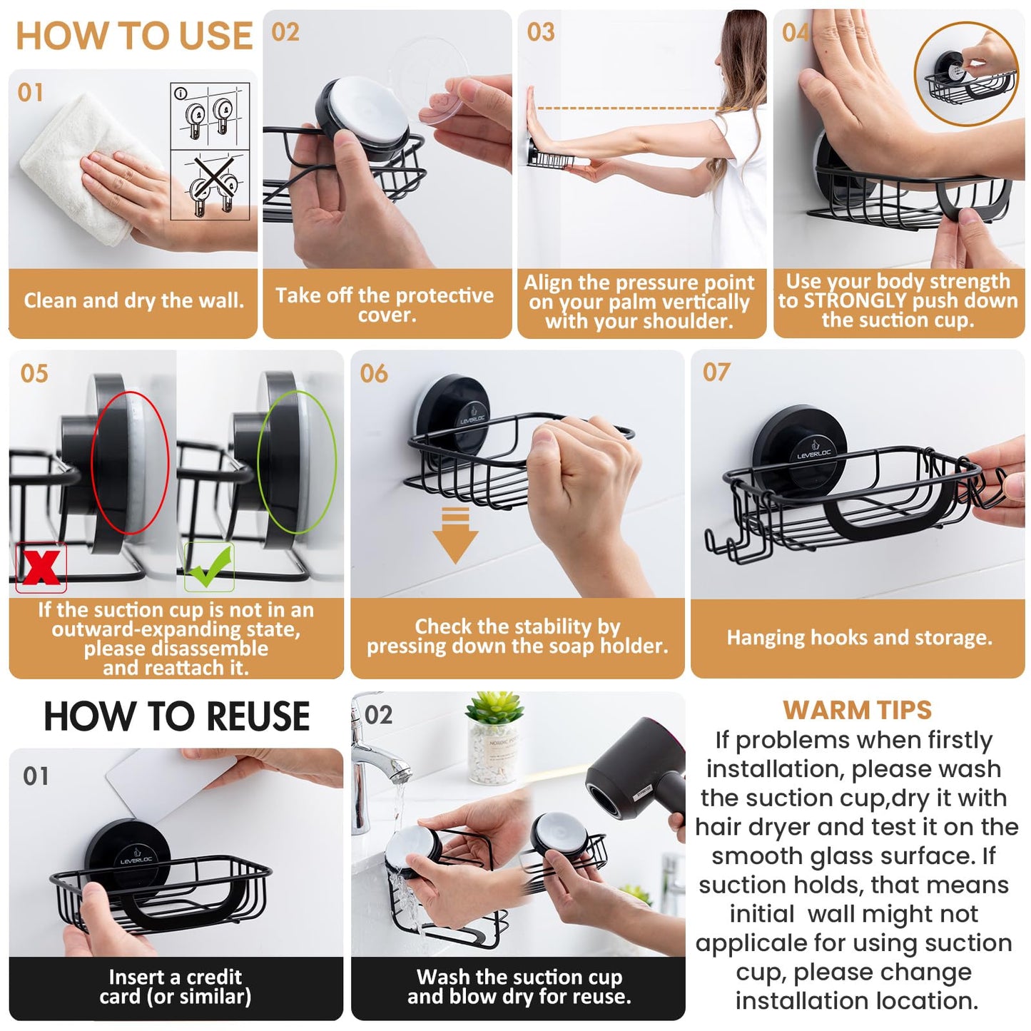 LEVERLOC Bar Soap Holder for Shower with Hooks, Suction Cup Soap Dish Rustproof Stainless Steel for Bathroom Accessories, Sponge Saver Black
