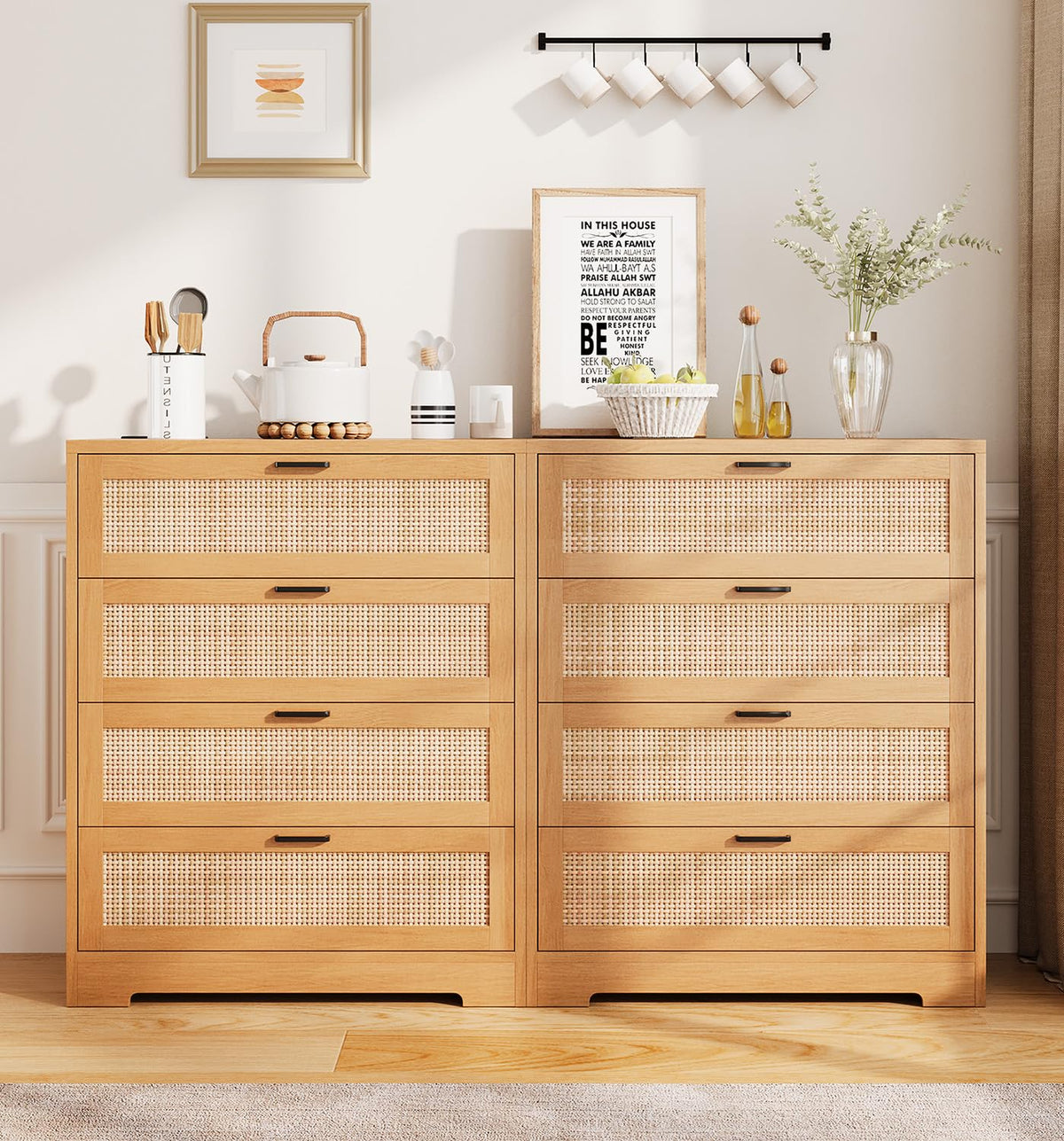 GarveeHome Rattan Dresser, Tall Chest of Drawers, Wood Dresser for Bedroom, Closet, Living Room, Hallway (Natural, 15.8" D x 31.5" W x 38.6" H (4 Rattan Drawers))