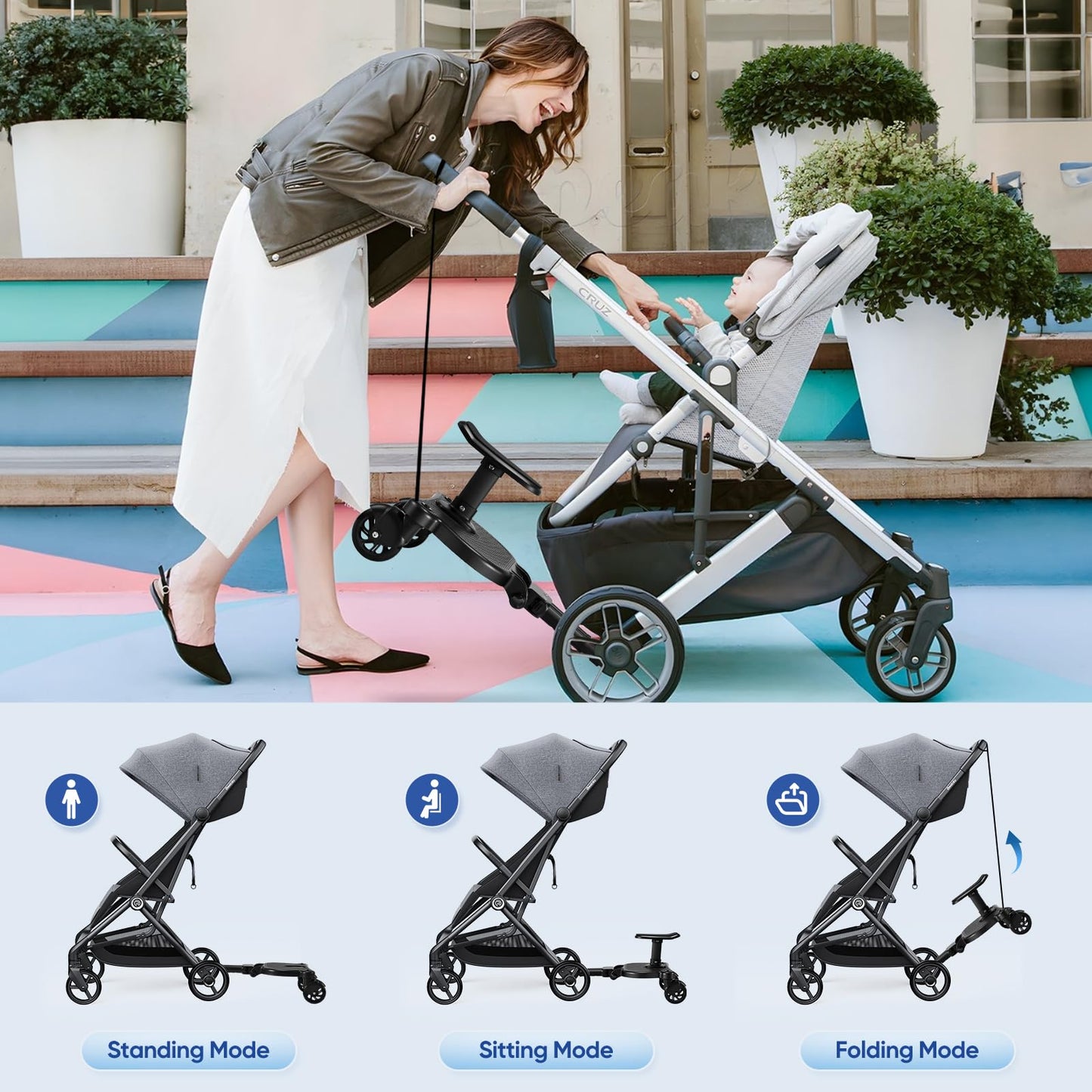 BugyKido Universal Buggy Board with Seat, Kiddy Board with Pram Organiser Bag, Pram Standing Board Compatible with Over 99% of Pushchairs, for Children from 2-6 Years, Load 25 KG(Black)