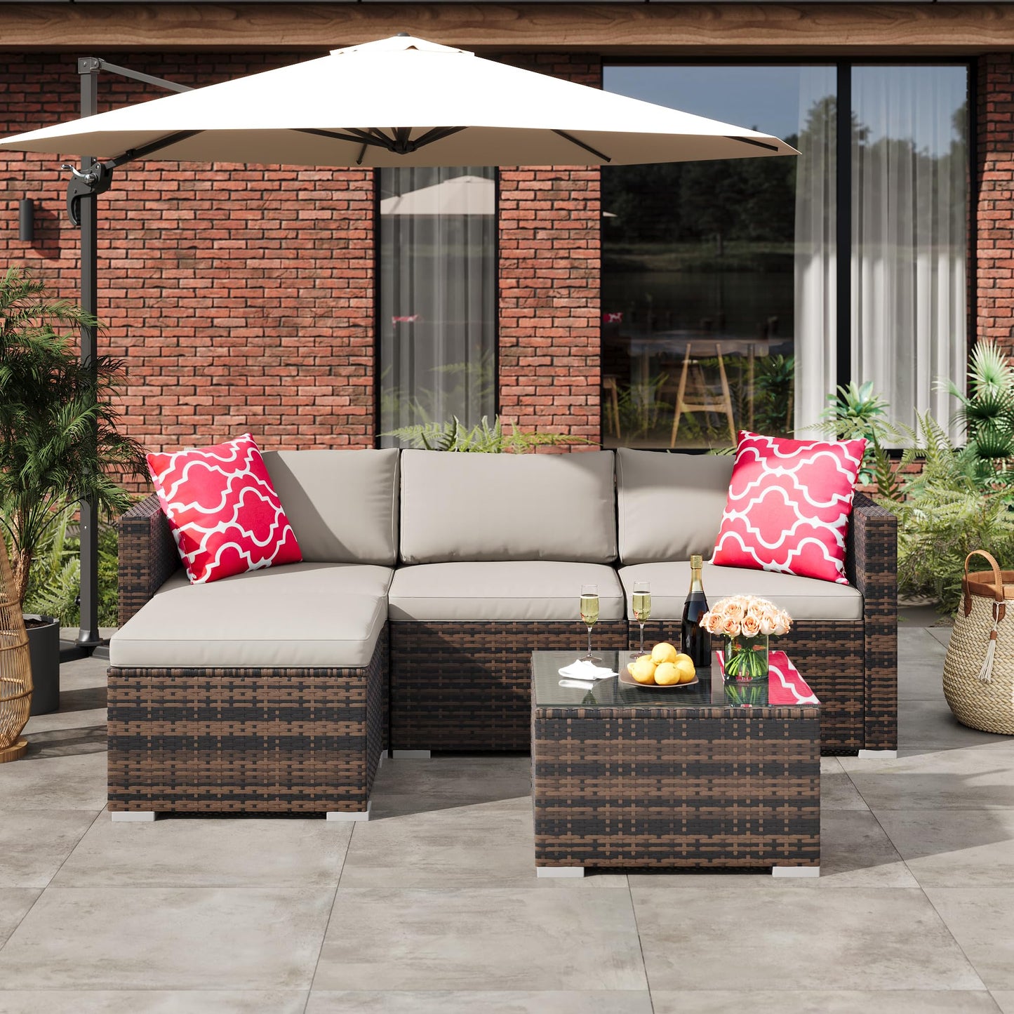 MilleLoom 5-Piece Outdoor Sectional Sofa Set, All-Weather PE Rattan Patio Furniture with Ottoman & Tempered Glass Table, Convertible Garden Couch for Backyard, Porch, Poolside (Brown/Light Gray)