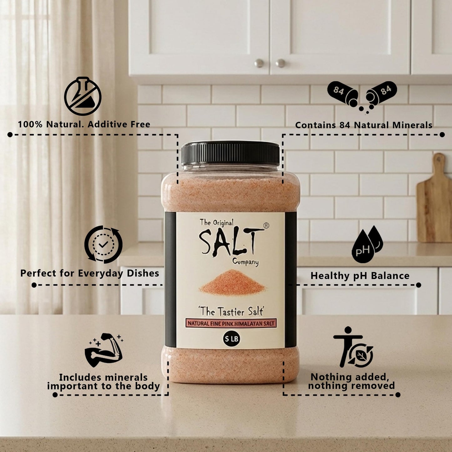 The Original Salt Company Pink Himalayan Salt, 5 LB Food-Grade Plastic Container 100% organic, kosher, fine grain, and gluten-free. Perfect for cooking, seasoning, and enhancing dishes with its mild, mineral-rich flavor.