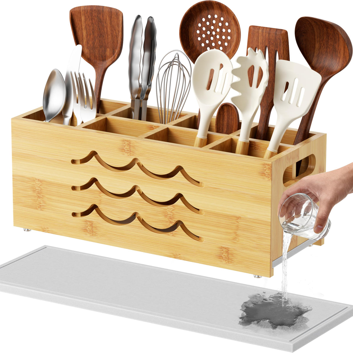 Kcrystenia Large Kitchen Utensil Holder for Countertop, 8 Adjustable Compartments Cooking Utensil Holder Organizer, Bamboo Silverware Caddy with Absorbing Stone Drying Mat for Spatula Spoon