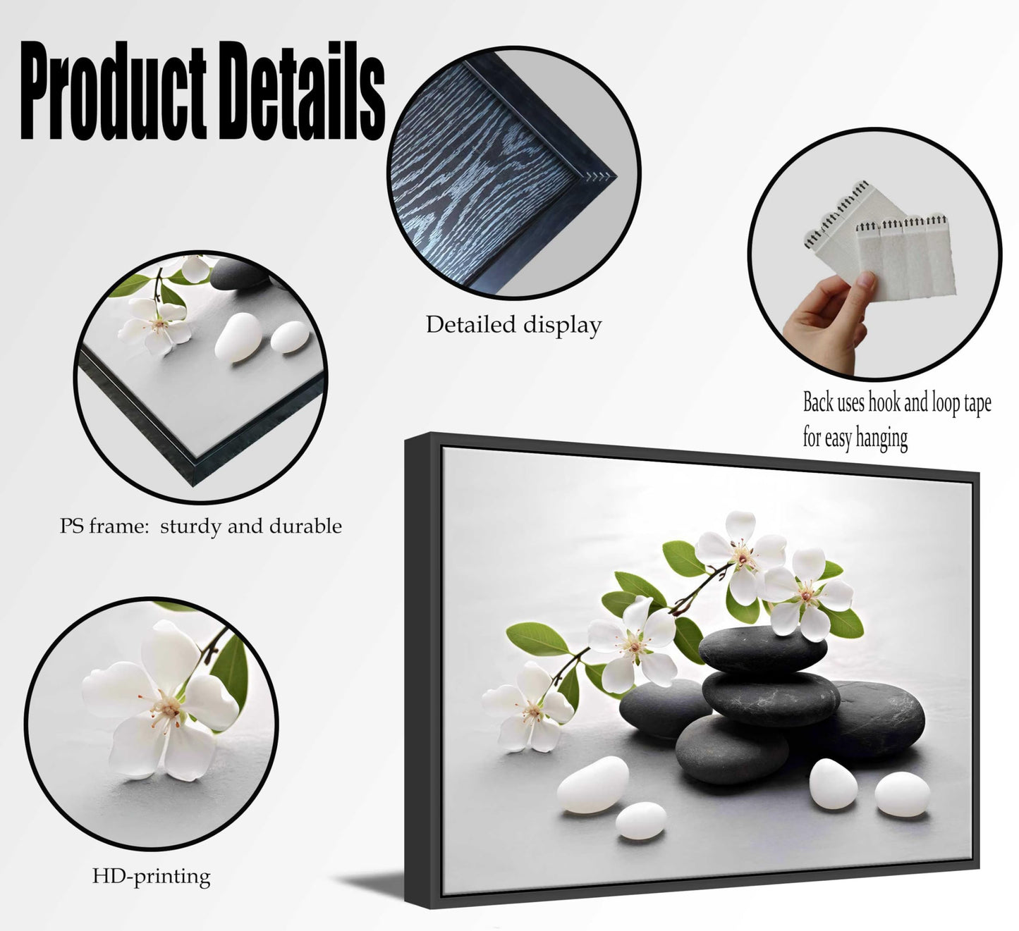 Framed Zen Stone Flower Canvas Wall Art Orchid Flower Black White Zen Stone Picture Wall Decor Still Life Poster Print Artwork for Bathroom Yoga Room Spa Room Meditation Room Office Home Decoration