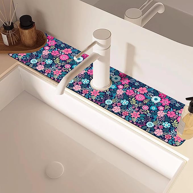 Modern Blue and Pink Floral Sink Faucet Absorbing Mat Sink Splash Guard Faucet