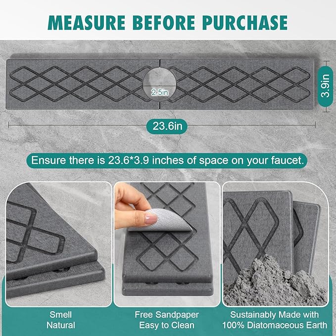 23.6 Inch Stone Faucet Mat for Kitchen Sink, Diatomite Absorbent Fast Drying