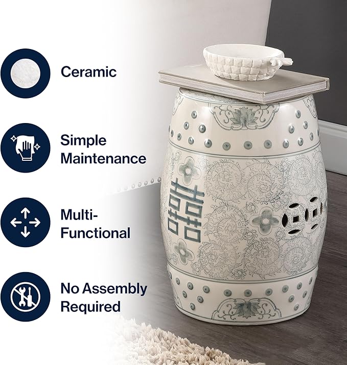 JONATHAN Y TBL1013C Double Happiness 18" Chinoiserie Ceramic Drum Indoor/Outdoor Garden Stool Bohemian, Coastal, Classic, Cottage, Traditional, Patio, Garden, Bathroom, Living Room, Gray Blue/White