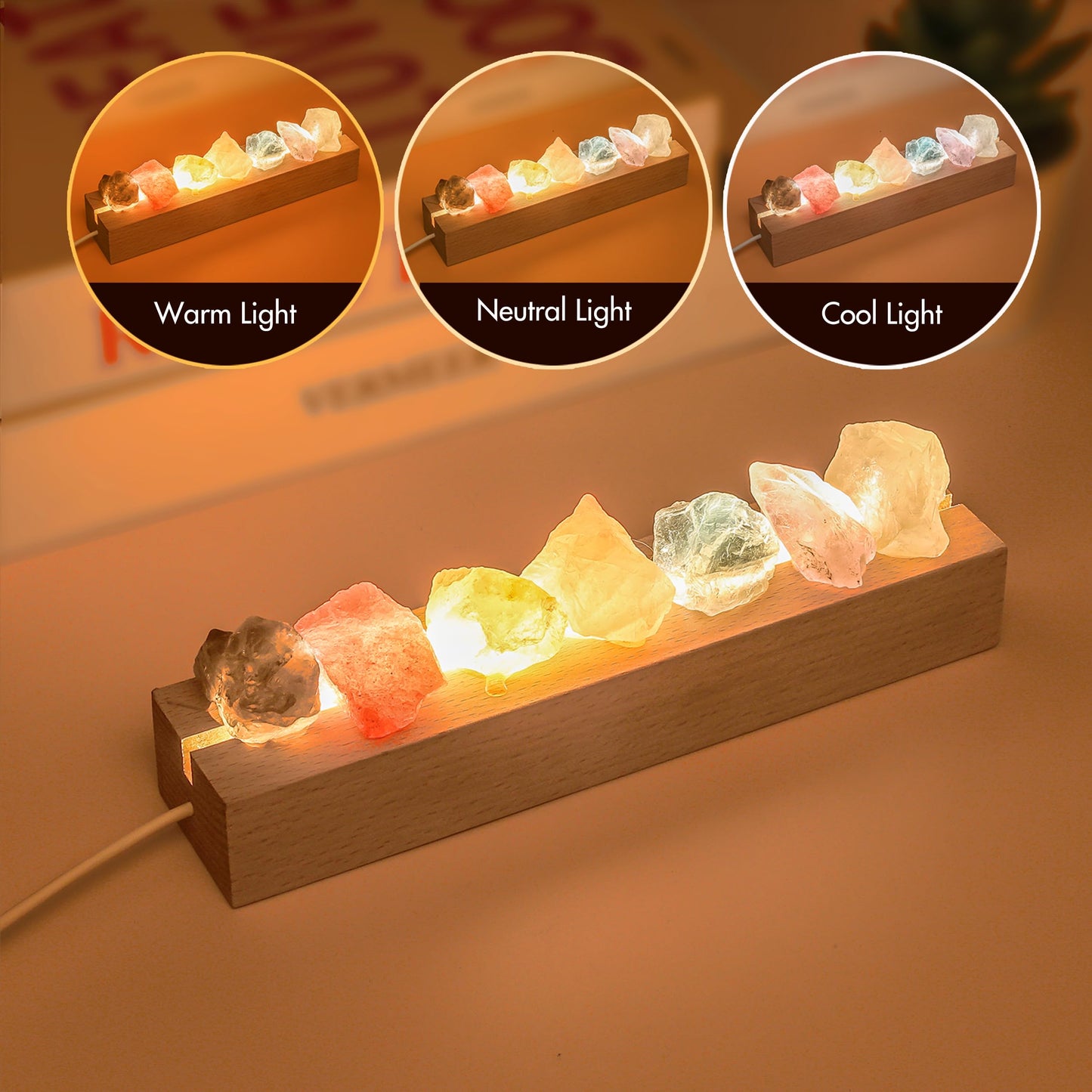 HYAMVOR Healing Crystal Night Light,7 Chakra Stones Bedside Lamp,Mood Light with Wooden LED Light Base,Healing Stones Positive Energy Night Light for Home Decor Gifts (Plug-in)