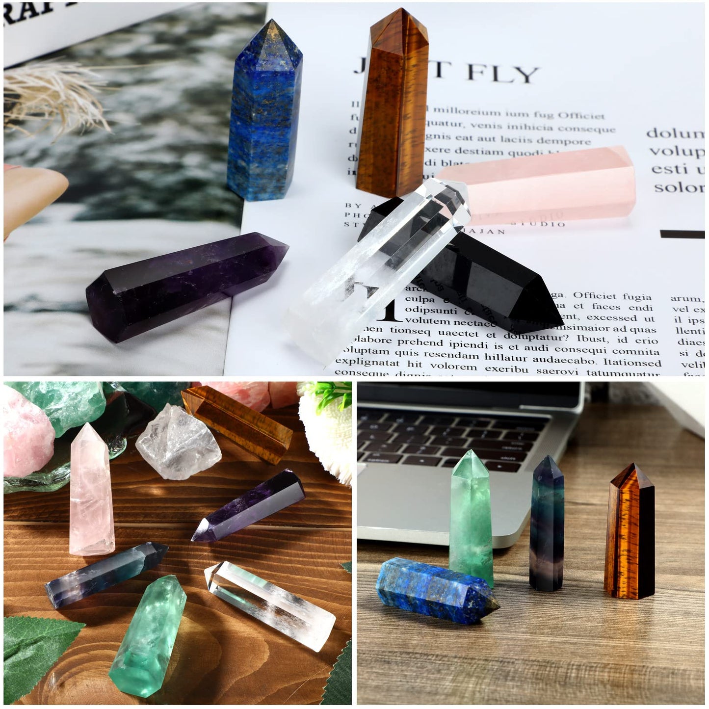 Junkin 9 Sets Healing Crystal Wand, Amethyst Rose Quartz Clear Quartz Tiger Eye Obsidian Fluorite Labradorite Lapis Lazuli for Meditation Crystal Therapy Reiki Supplies(Mixed Color,2-2.4 Inch)