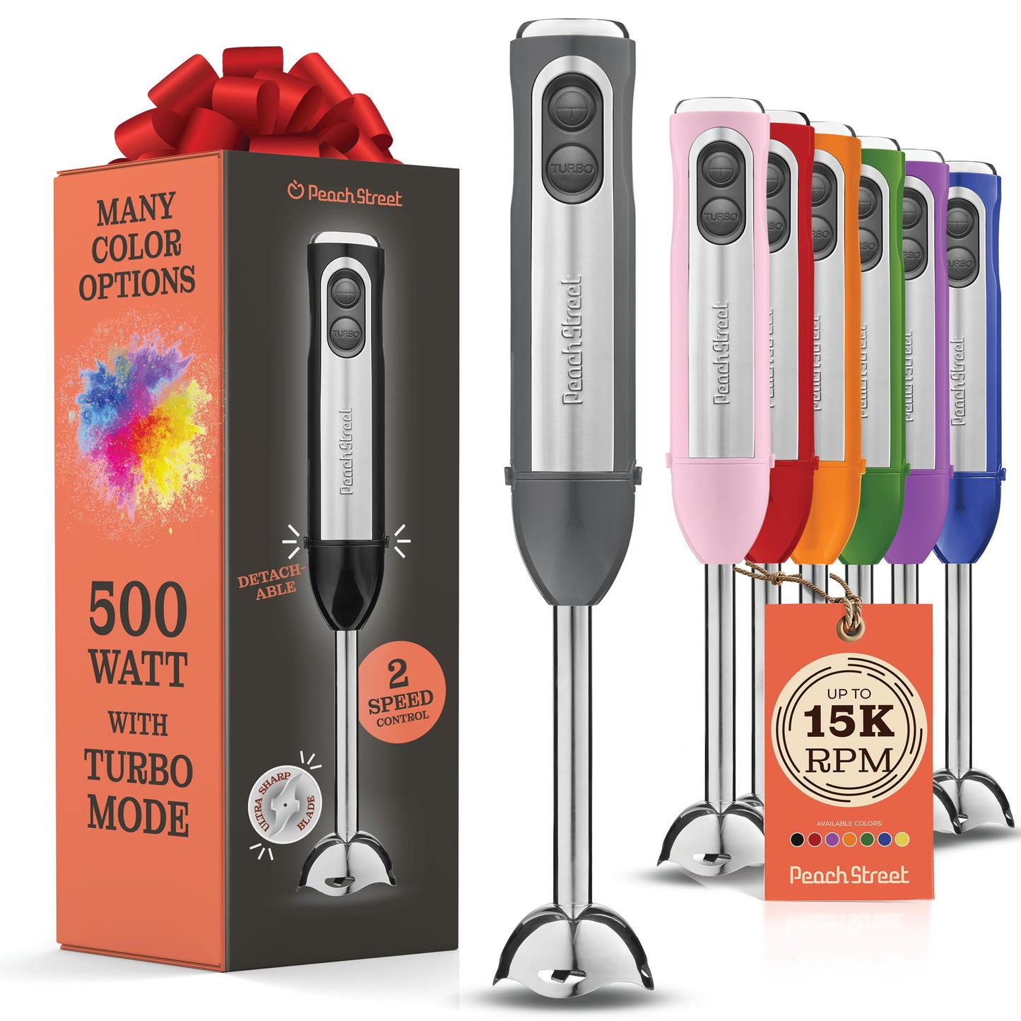 Powerful Immersion Blender, Electric Hand Blender 500 Watt with Turbo Mode, Detachable Base. Handheld Kitchen Gadget Blender Stick for Soup, Smoothie, Puree, Baby Food, 304 Stainless Steel Blades