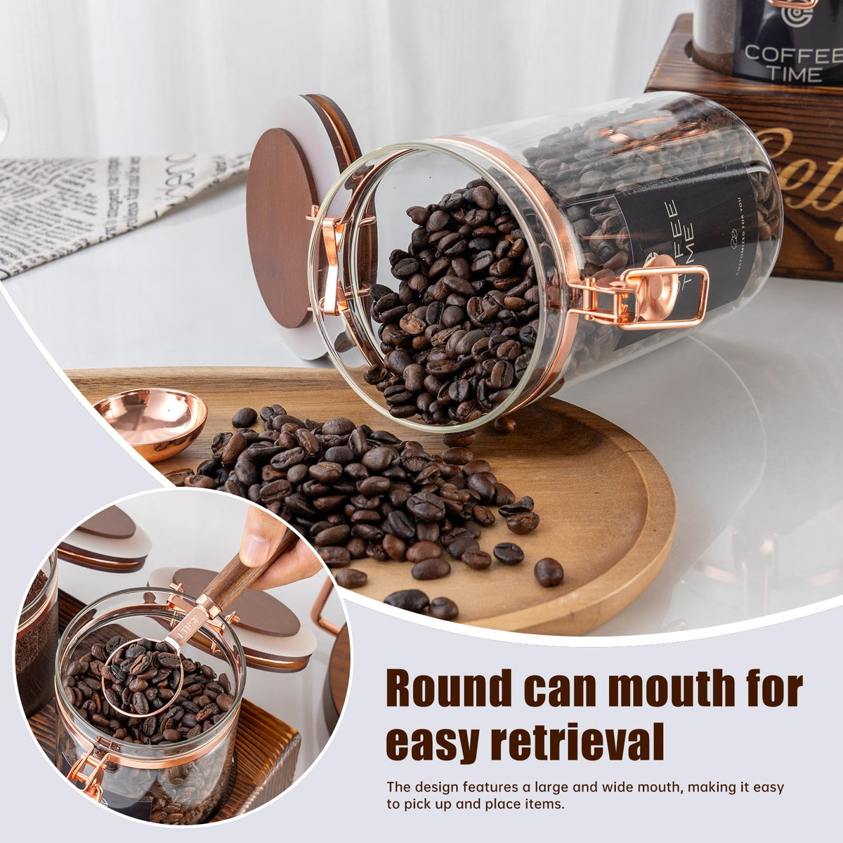 ARTIFORM Glass Coffee Canister Set with Torched Wood Shelf, 2 Pack 45oz Airtight Storage Jars with Lids & Spoons, Large Kitchen Canisters for Coffee Beans, Sugar, Tea & Nuts