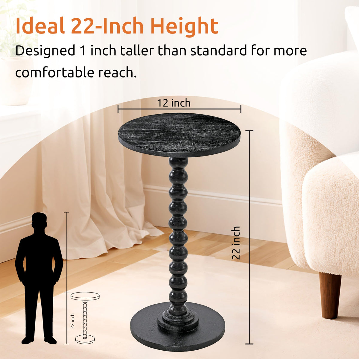 LIVINGNISH Solid Wood Round Side Table for Living Room, Bedroom and Office — Handcrafted 22-Inch End Table, Bedside Nightstand, Accent Table for Small Spaces with Tool-Free Assembly- Charcoal Gray