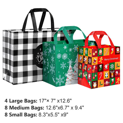 YANGTE 20 Pack Christmas Gift Bags Assorted Sizes, Reusable Tote Bags with Handle, Includes 4 Large 8 Medium 8 Small Non-Woven Christmas Bags for Xmas Party Favors
