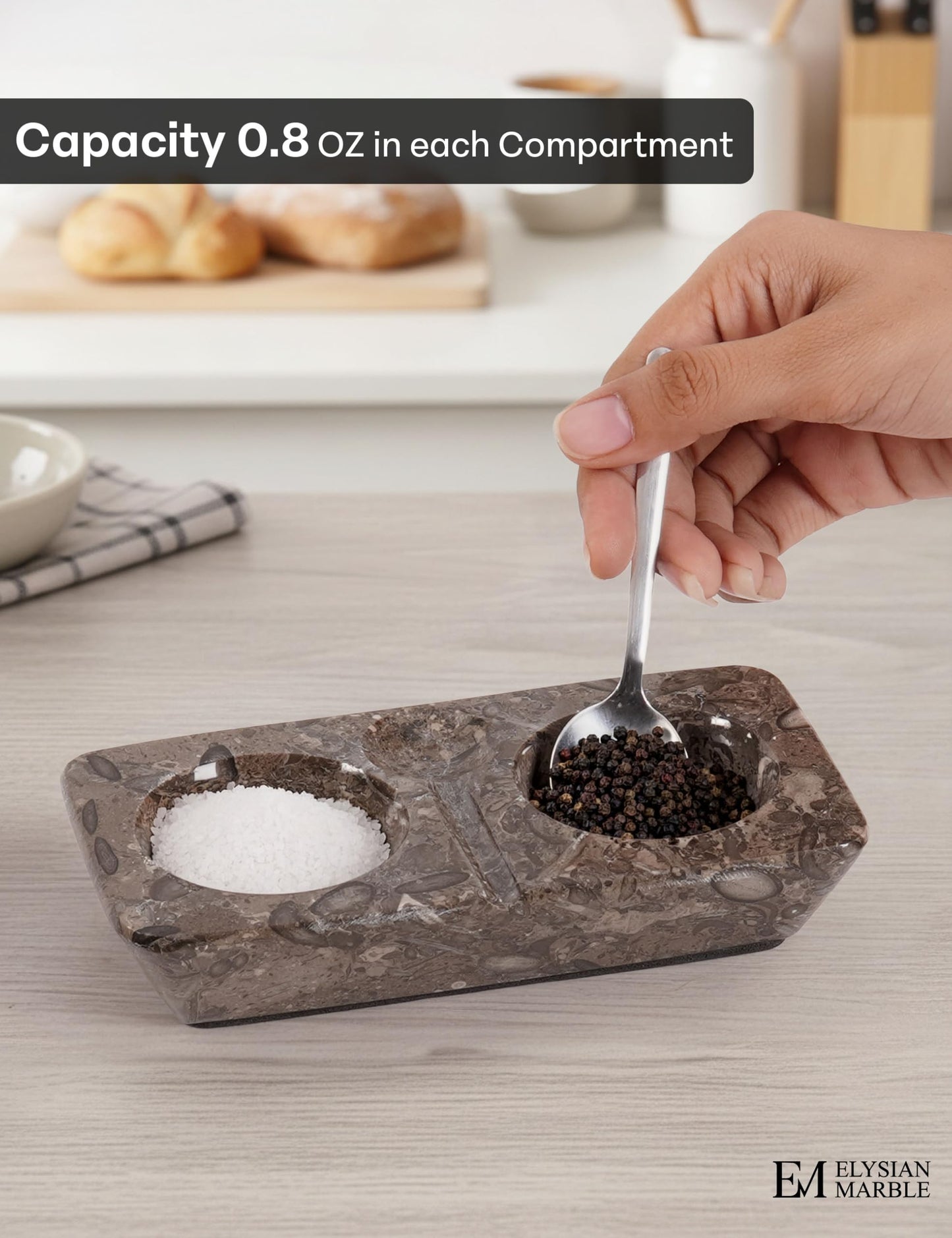 Marble Salt and Pepper Dish with Spoon, Handcrafted Double Spice Tray with 2 Compartments, Natural Stone Condiment Dish for Cooking Prep and Serving - Oceanic Grey