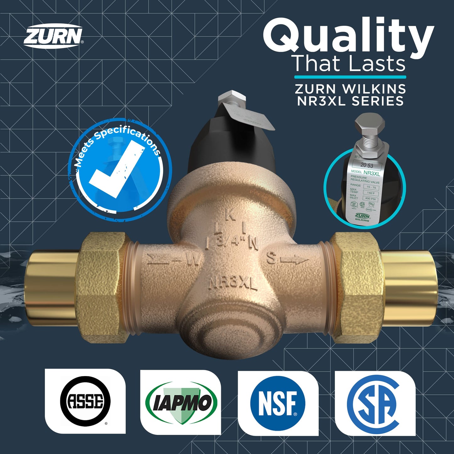 Zurn Wilkins 114-NR3XLDULU 1-1/4" NR3XL Pressure Reducing Valve with Union Capable Female x Female NPT Connection