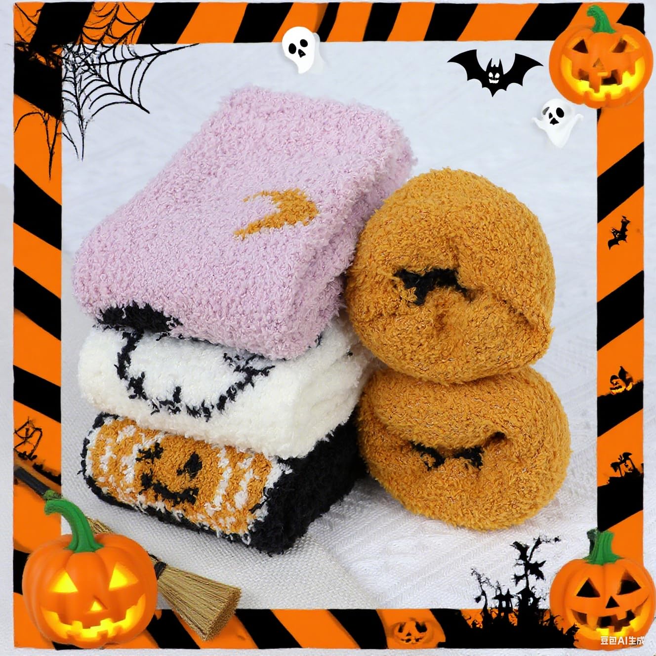 Zando Women's Colorful Halloween Socks - Horror Ghost Print, Non-Slip, Fuzzy, Warm & Soft, Perfect for Parties & Sleep