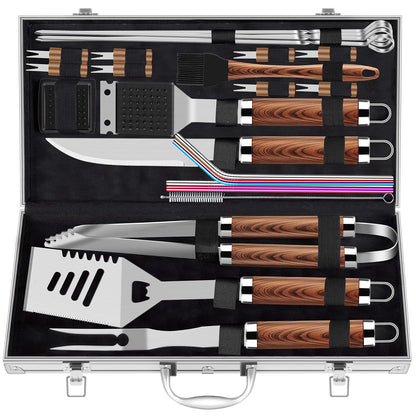 ROMANTICIST 25pcs Extra Thick BBQ Grill Accessories, Fathers Day Grilling Gifts Set for Men Dad, Heavy Duty Grill Tools Utensils Kit with Spatula, Tongs in Aluminum Case for Birthday Brown