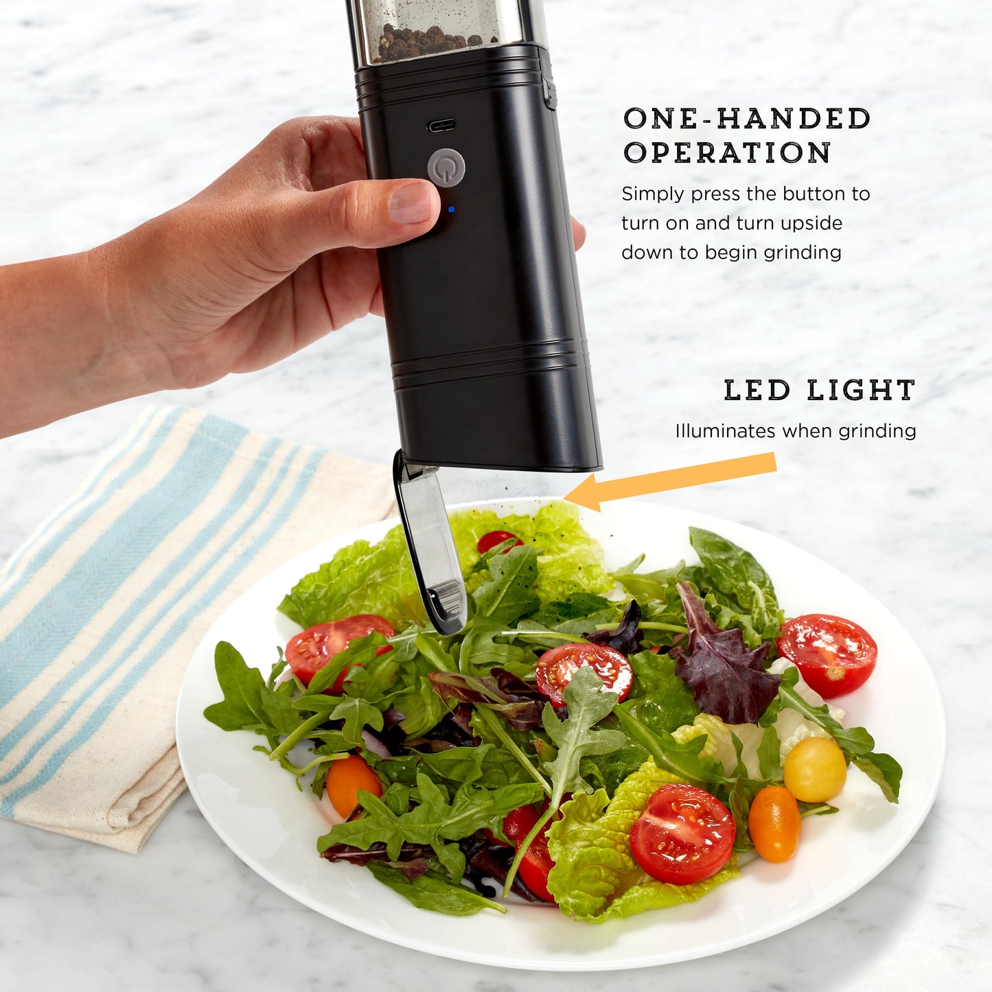 Kamenstein USB Rechargeable Gravity Feed Grinder, Filled With Peppercorns, Black