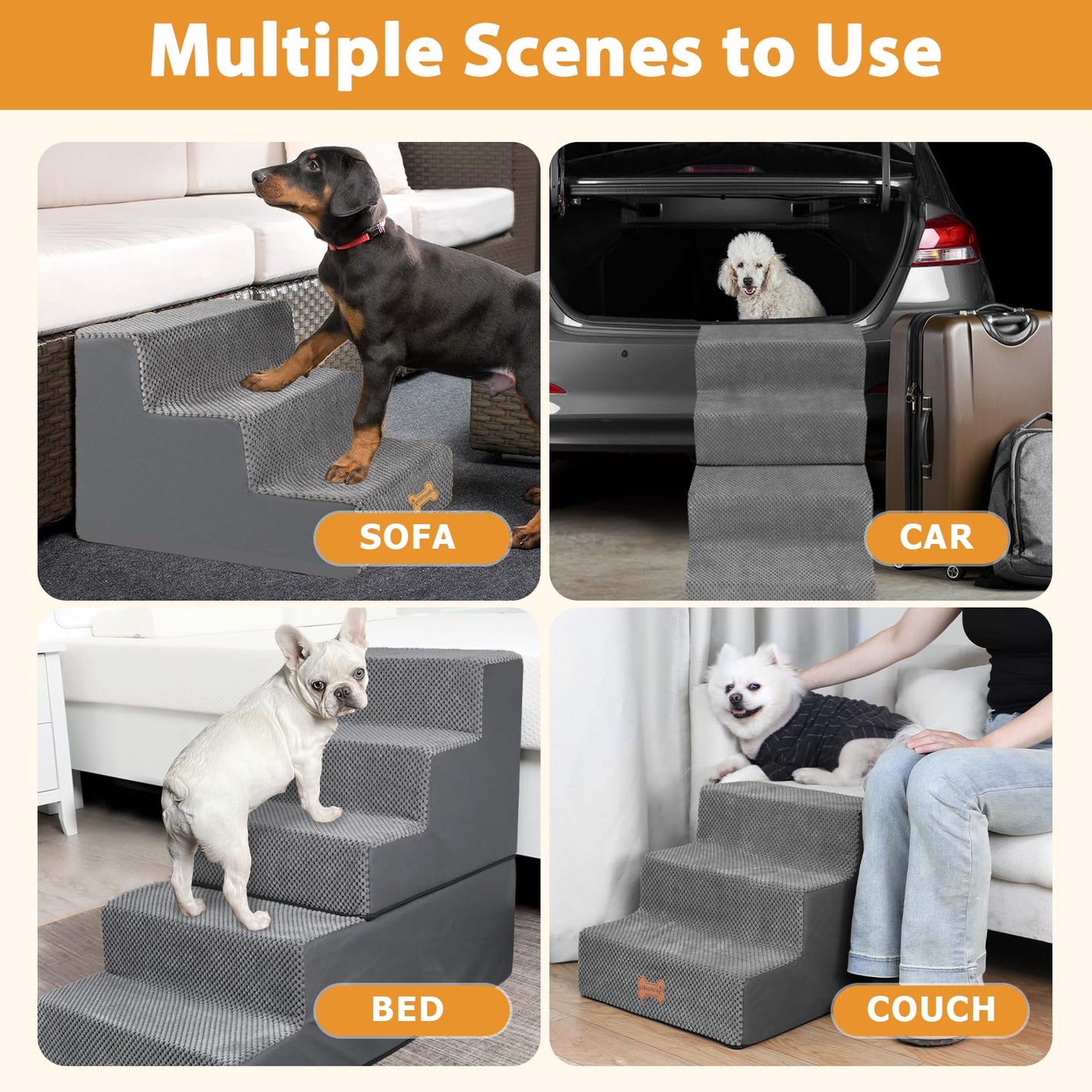 Nepfaivy Dog Steps Stairs for Bed - Non-Slip Pet Stairs for Small Dogs and Cats, 3-Steps Dog Ramp for Sofa with High Density Foam and Removable Cover, 45x40x34cm