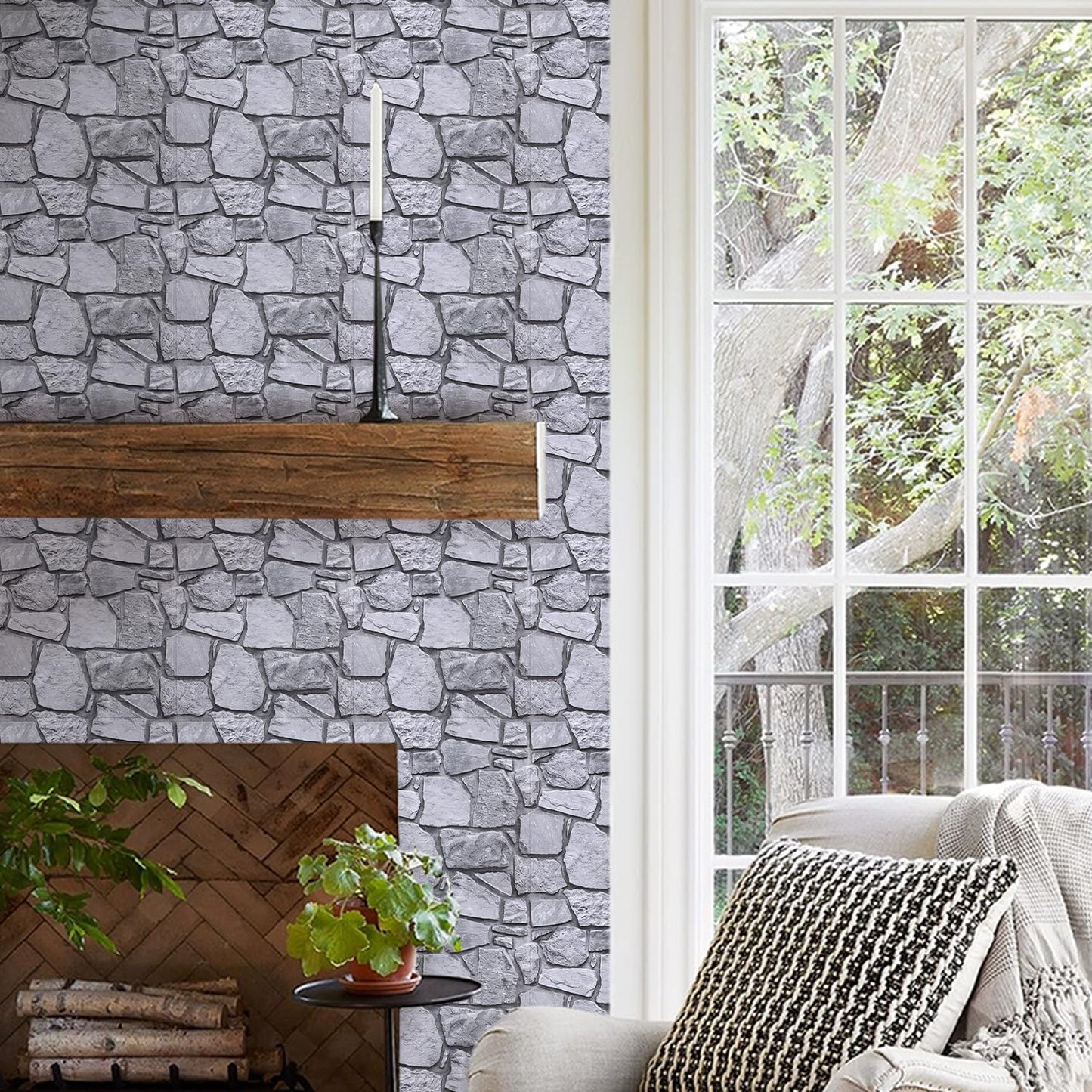 Commomy 3D Faux Stone Peel and Stick Wall Tiles - Fake Stone Wall Sticker 10 Pcs of 11.8" x 11.8" Thin Ultralight PVC Rock Wall Tile Interior Wall Covering Kitchen Backsplash,Interior Wall Decor
