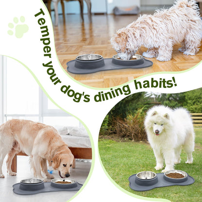 Pecute Dog Bowls Non Slip, Stainless Steel Double Bowls Set with Non-Spill Silicone Mats Tray for Cats Puppies Small Dogs Water Food Feeding (14oz Each Bowl, Grey)