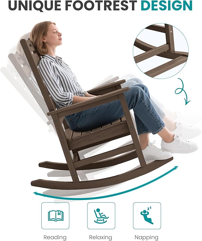 SERWALL Outdoor Rocking Chair Set of 4, Oversized HDPE Patio Rocking Chair with Footrest for Adults, All Weather Porch Rocker for Deck Patio Balcony, Coffee