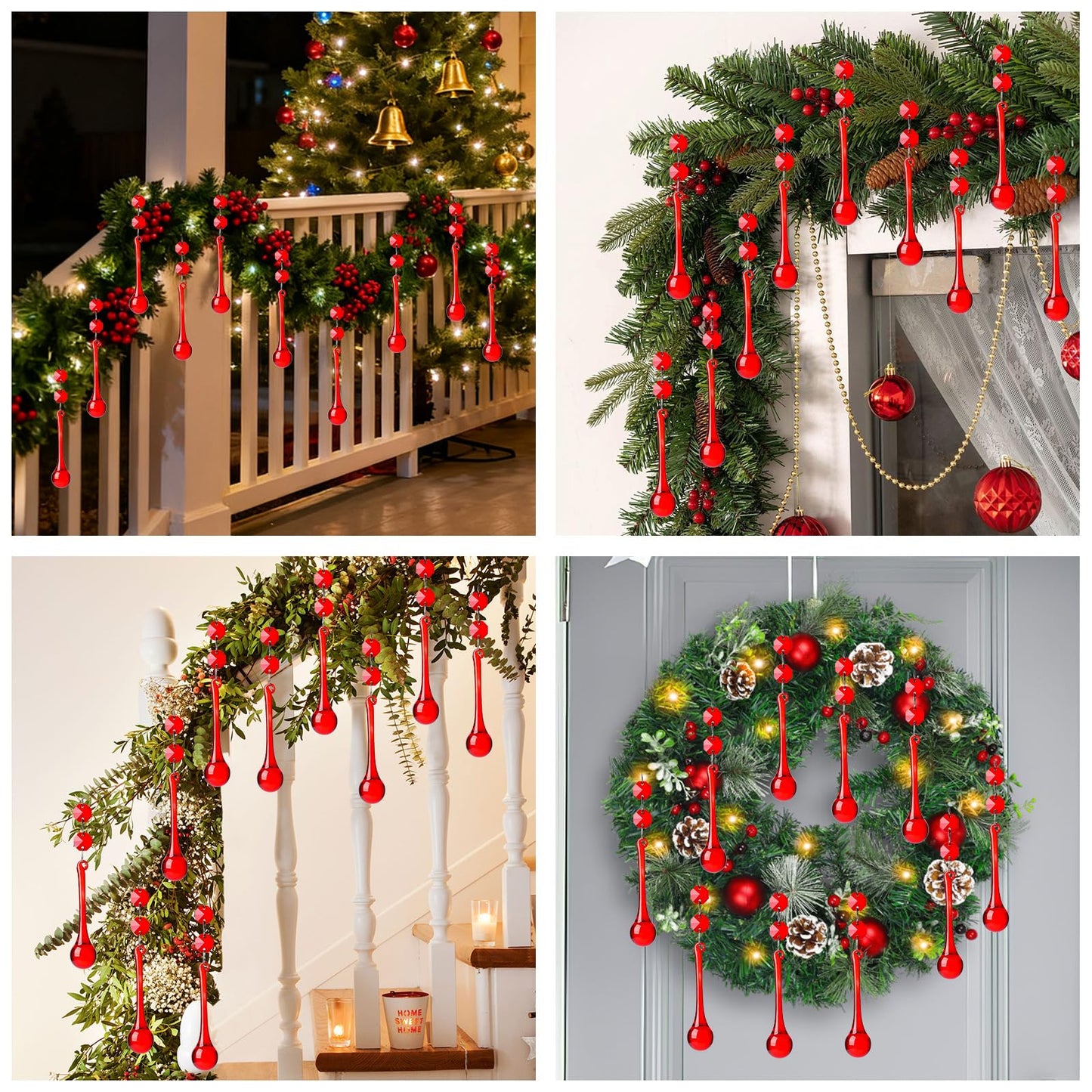10pcs Red Glass Christmas Ornaments for Tree- Crystal Teardrop - Chandelier Crystals Replacement Drops- Christmas Decor Hanging Ornaments