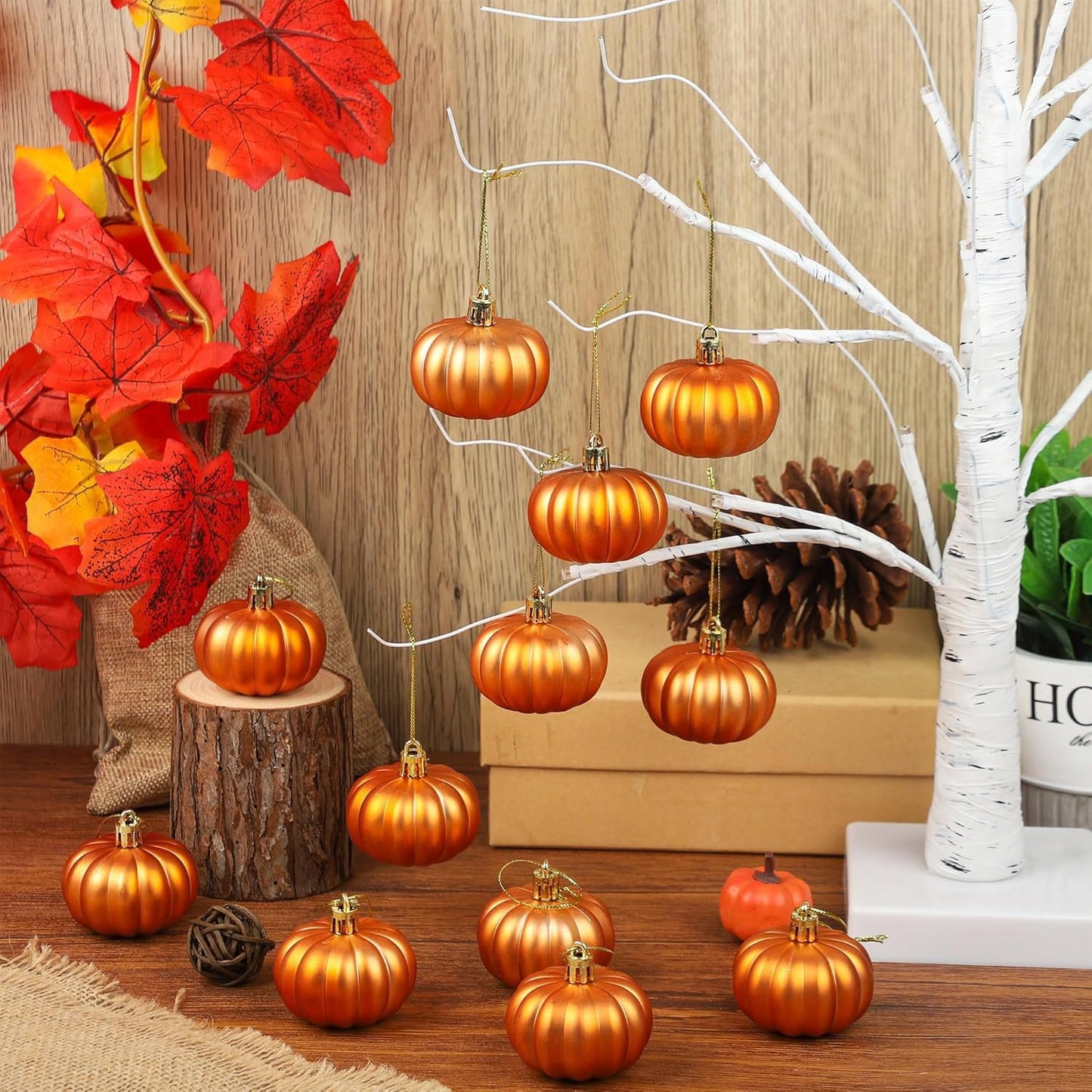 Pinenjoy 24Pcs Orange Pumpkin Hanging Ornament 2 Inch Mini Pumpkin Ball Fall Harvest Decoration for DIY Crafts Thanksgiving Halloween Christmas Tree Autumn Party Table Home Decor